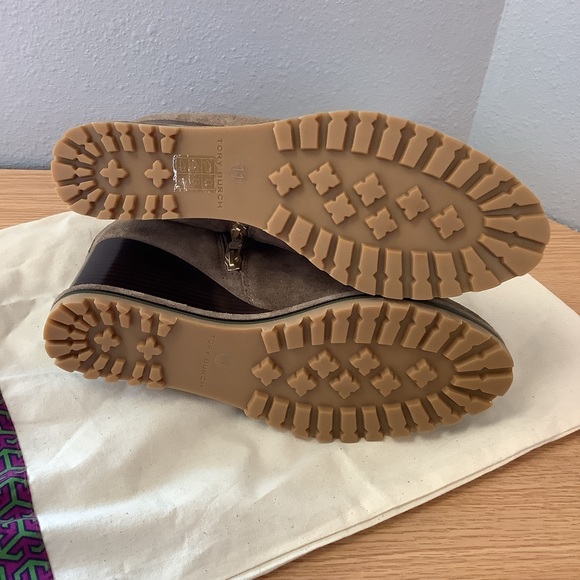 Tory Burch “Suede Logo Lug Sole Wedge Boot” - Picture 9 of 13